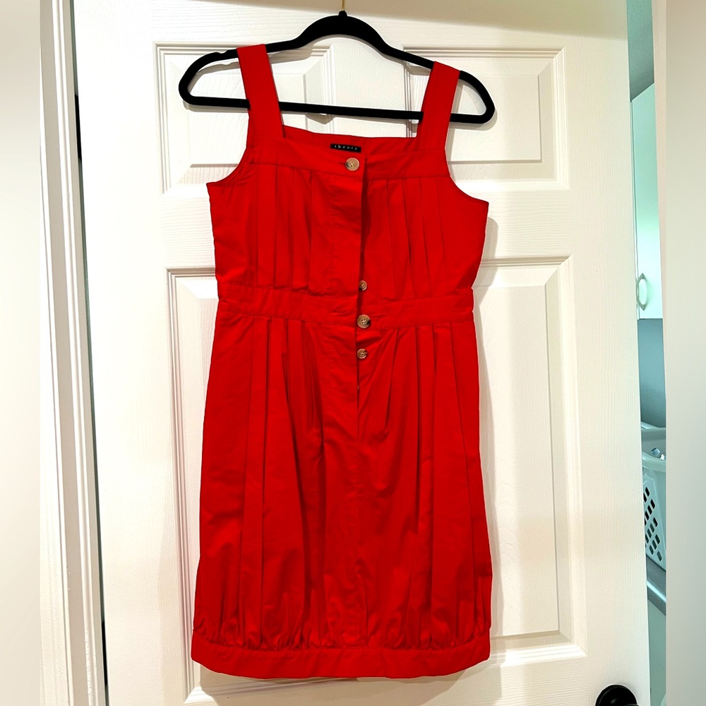 Red woman’s Theory pocket pleated dress size 4.